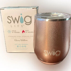 NIB Swig Life Stainless Steel Stemless Cup Rose Gold with lid, 12 oz, hot/cold